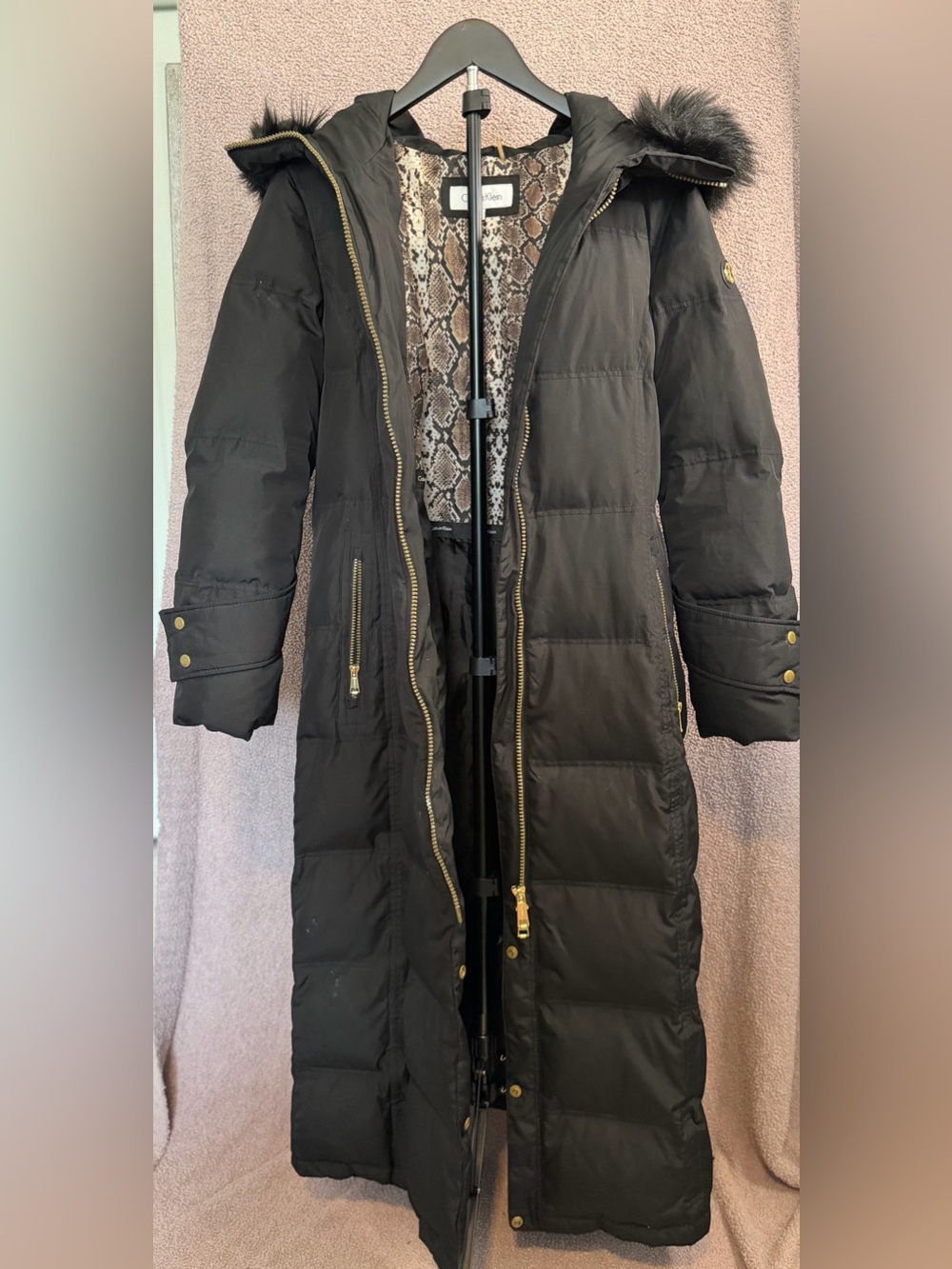 Calvin Klein Black Long Puffer Coat Faux Fur Hood Snakeskin Lining M